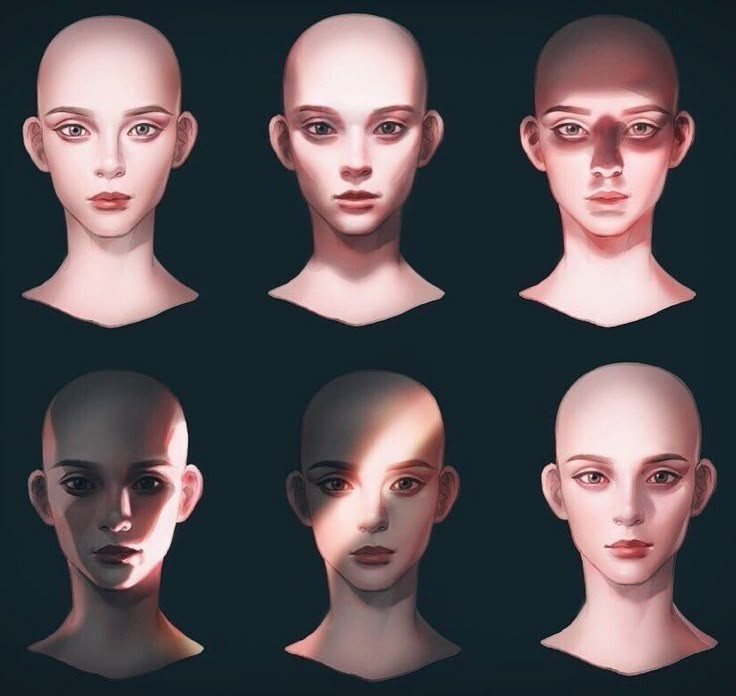 the image shows six illustrations of a woman's face and head, each with varying degrees of light and shadow. the portraits are artistic depictions of the same face, demonstrating different lighting techniques and their impact on the overall look and feel of the image. the woman has a bald head and her face is shown with different skin tones and shading effects.