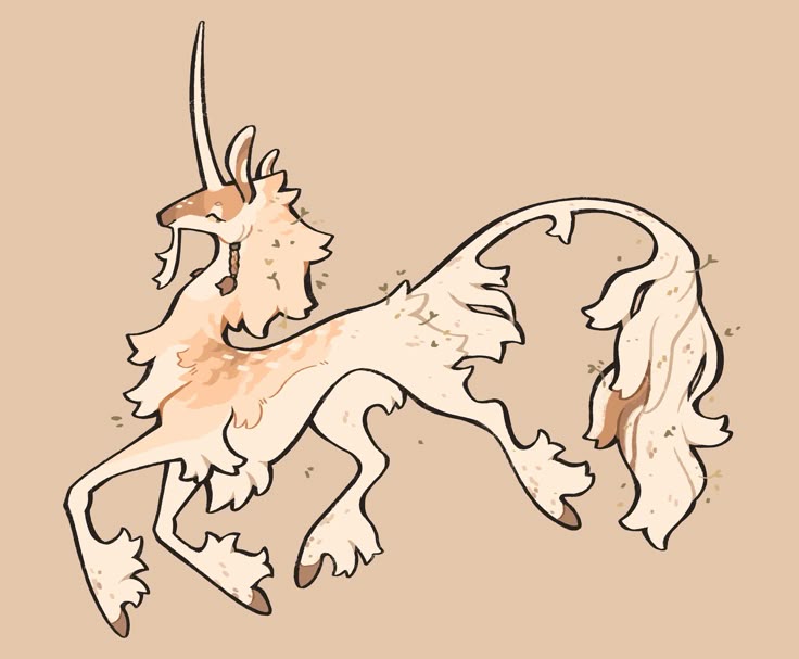 a digital illustration of a fantasy creature resembling a unicorn. it has a long, pointed horn, a fluffy mane and tail, and a tan and beige coat with brown spots. the creature has a braid with a bead hanging from its chin. the background is a solid tan color. the style is whimsical and cartoonish.