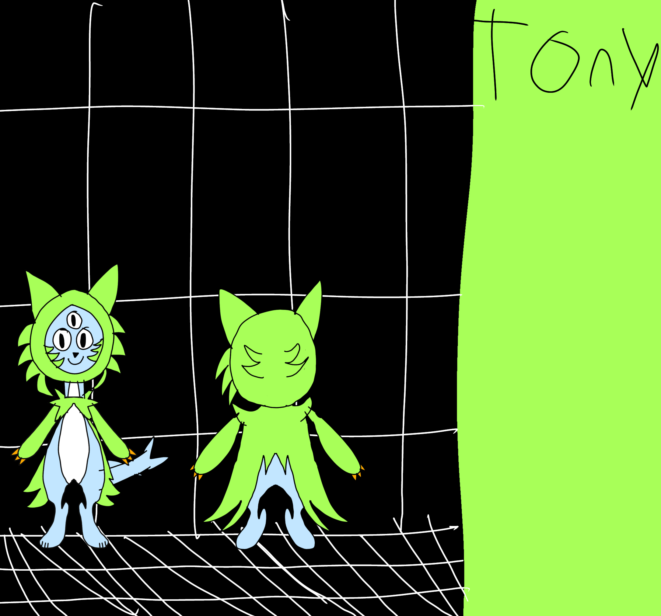 this cartoon drawing depicts a green catlike creature in two different poses. the cat's body is outlined in black with a greenfilled body, a white chest and underside, and blue feet. it has three eyes, large claws on its hands and feet, and a green hood with a white outline. the cat is standing in a black and white grid, with a solid green background. the word "tony" is written in black at the top right of the image.