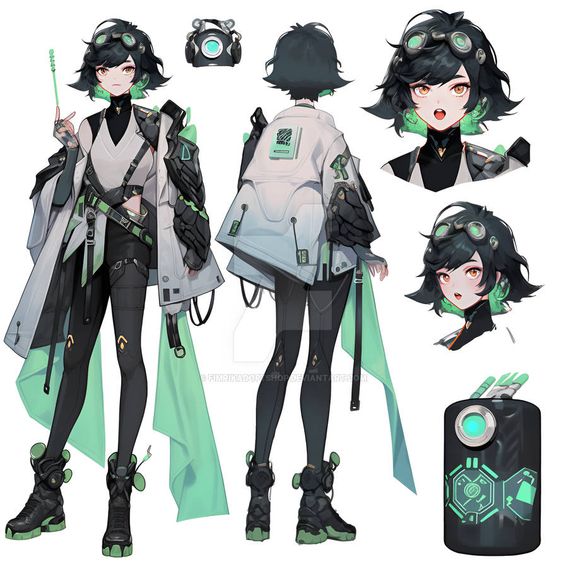 the image presents a digital character concept art of a girl with a futuristic cyberpunk aesthetic. shown in various angles, the character design showcases a black and white outfit accented with green highlights, futuristic accessories, and a mechanical arm.  she is armed with a futuristic staff weapon.