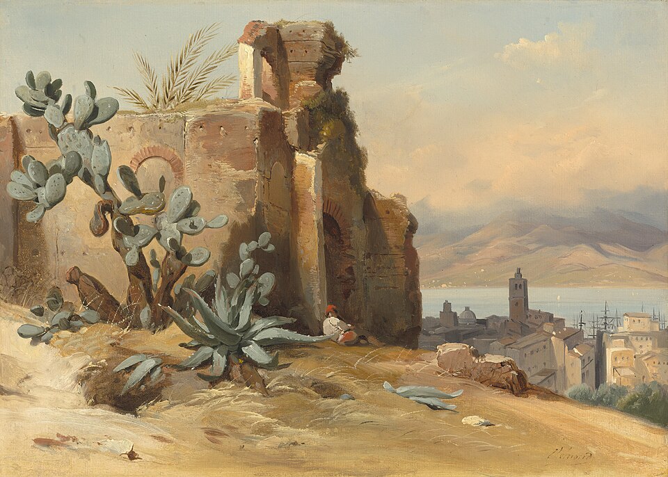 a painting of a ruined structure overgrown with cacti and agave plants. in the background is a cityscape with a prominent tower, mountains, and the sea under a cloudy sky. a man is seated near the ruin.
