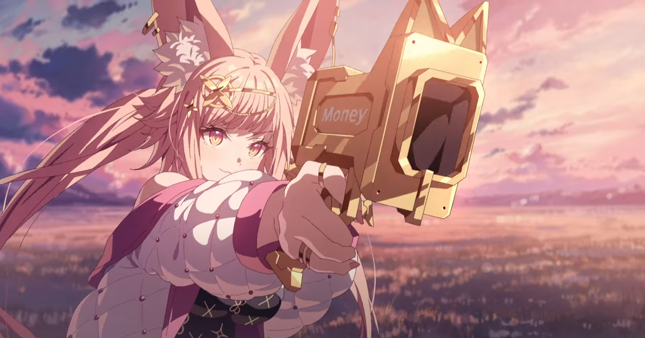 the image is a vibrant digital illustration featuring an animestyle female character. she possesses long pink hair, cat or bunny ears, and is dressed in a detailed fantasy outfit, primarily pink and white.  the character is prominently aiming a large, golden gun labeled "money" directly at the viewer. the background showcases a picturesque sunset over a vast field, creating a dramatic contrast with the character's bold pose and weapon. the overall style is highly detailed and expressive.