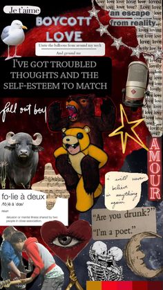 a collage style artwork featuring a variety of themes, words and images related to love, trouble, escape, reality, and the french phrase "folie à deux" which translates to "madness for two". the image uses a mix of typography, handdrawn elements, and found imagery in a chaotic yet aesthetically appealing manner.