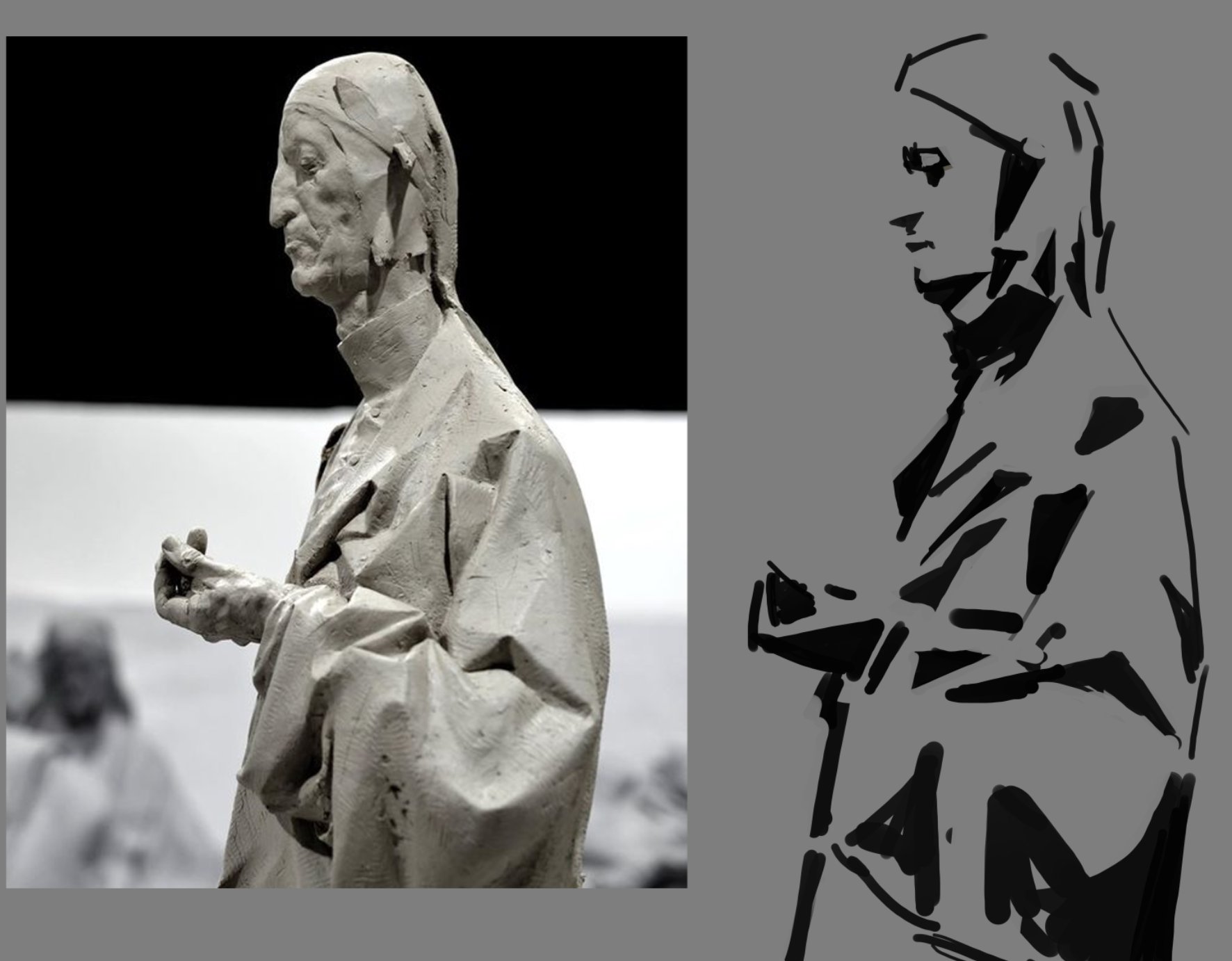 the image shows two variations of a statue of a man. on the left, a realistic, threedimensional sculpture depicts a man in a robe, standing with one arm raised. his head is slightly tilted, and his gaze is cast downward. the sculpture is rendered in a smooth, white material, highlighting the intricate details of the man's features and drapery. on the right, a sketch of the same statue is presented, rendered in black ink on a gray background. this simplified version captures the essence of the sculpture's form and pose, highlighting the contours of the man's body and drapery with bold lines. the contrast between the realistic sculpture and the stylized sketch offers a compelling visual dialogue, showcasing the different ways in which art can capture and represent human form.