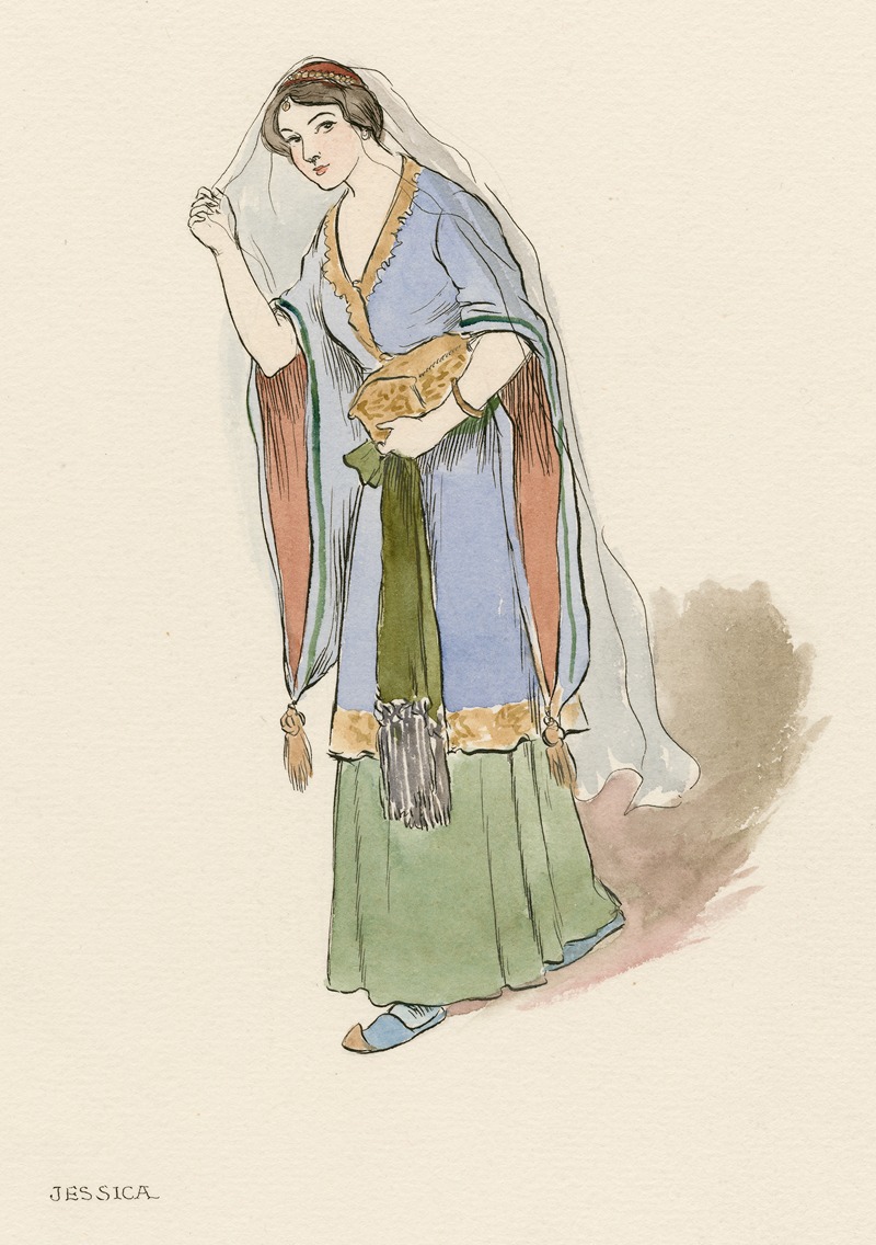 watercolor painting of jessica, a character from shakespeare's "the merchant of venice", wearing a renaissancestyle costume including a blue dress, green skirt, and a veil. she is carrying a box or package. the illustration depicts her in a graceful pose.
