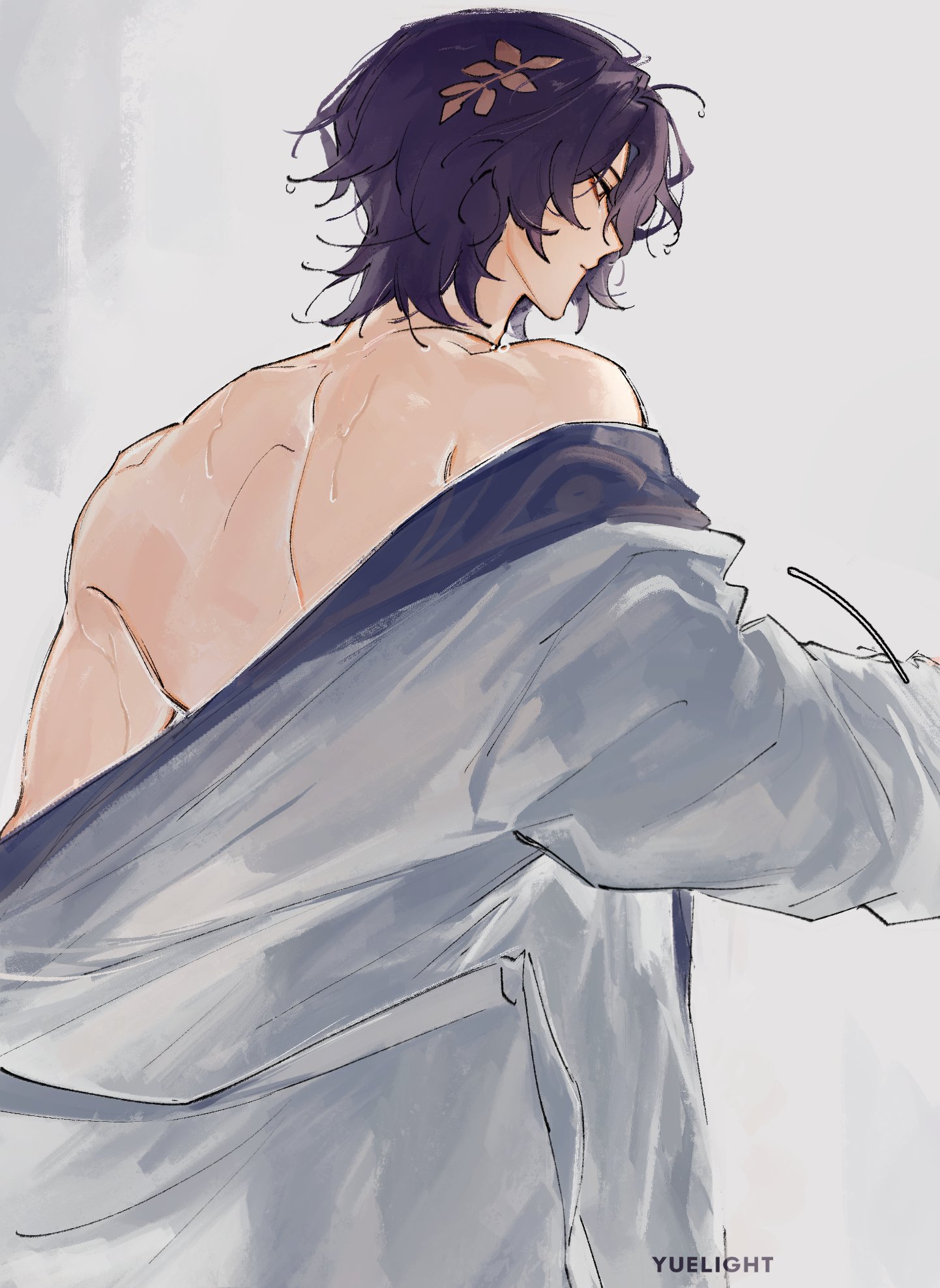 the image is a digital painting or illustration in an anime/manga style. it depicts a shirtless, muscular male character from the back, with long purple hair adorned with a small flower. he is partially draped in a light gray/blue robe, which he seems to be putting on or taking off, suggesting a postshower or bath scenario. the style is soft and painterly, with a focus on capturing the character's physique and a dreamy, romantic atmosphere. the artist's signature, "yuelight," is visible in the bottom right corner.