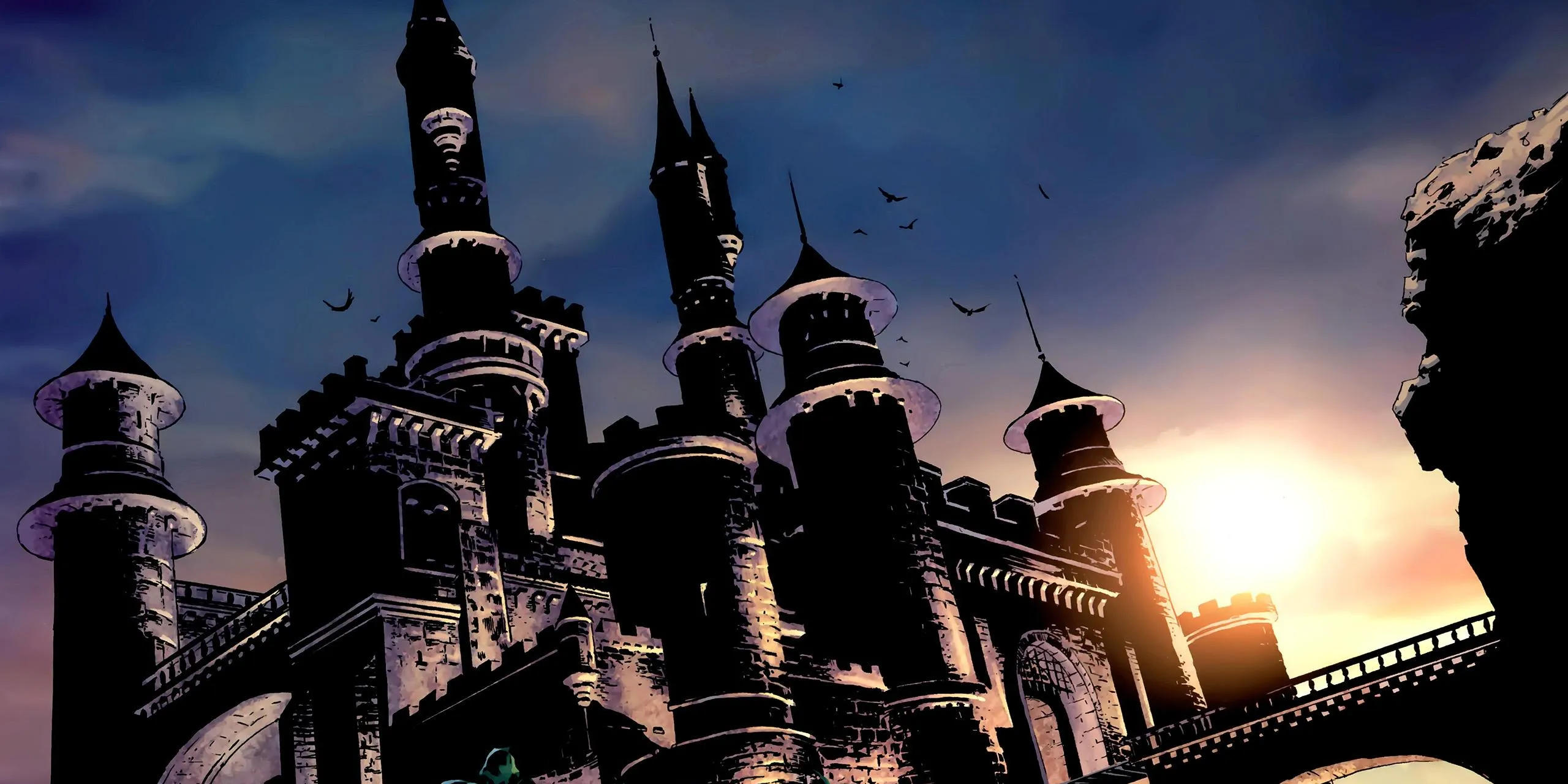 a lowangle view of a dark castle against a sunset sky, featuring multiple towers and birds flying overhead.
