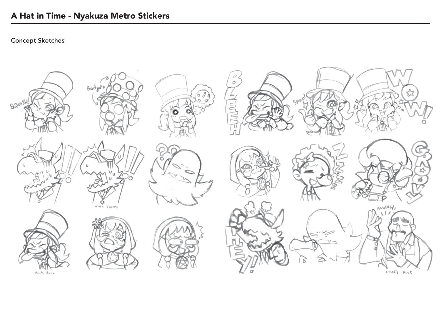 a series of concept sketches for stickers based on the video game a hat in time.  each sketch features a different character from the game with a unique expression and pose. the sketches are drawn in a simple, cartoon style.