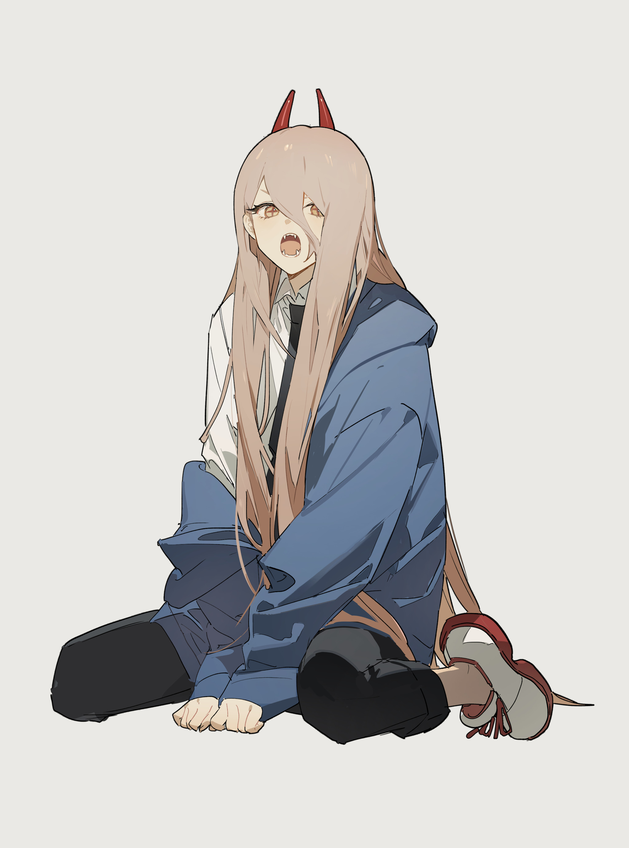the image features an anime girl with long, light brown hair and red horns on her head, sitting on the ground. she is wearing a white collared shirt with a black tie, a blue hoodie, black pants, and white shoes with red accents. she has a fang visible and is looking forward. the background is a plain, light color.
