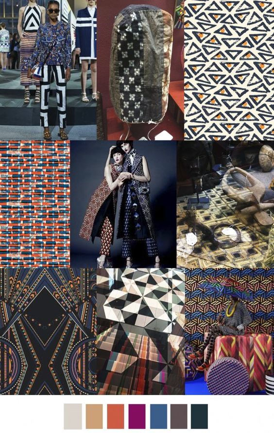 the image is a collage or mood board showcasing various fashion designs, textiles, and patterns. it includes images of runway models wearing geometrically patterned clothing, closeups of fabric textures with geometric and tribalinspired prints, and other visually similar design elements. the image also contains a color palette at the bottom, indicating the prevalent color themes of the designs featured. there are a few items that don't relate to fashion as well, such as the lamp in the uppercenter, and several design pieces like the patterned floor near the upperright and the patterned cylinders and stools in the lowerright corner.