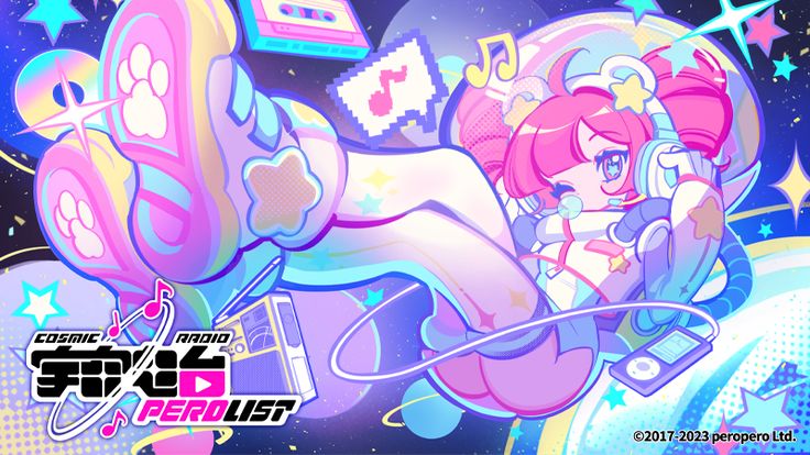the image is a vibrant and colorful illustration featuring a cute animestyle girl dressed as an astronaut, floating in space surrounded by musical elements. she has pink hair and wears a pink and purple spacesuit adorned with stars. she's holding headphones and near a cassette tape and portable music player, suggesting a theme of music and space travel. the overall style is playful and kawaii, with bright, saturated colors and a dynamic composition. the text "cosmic radio perolist" is prominently displayed, possibly indicating the title of a project or brand. the style suggests it's potentially artwork for a game, anime, or music project.