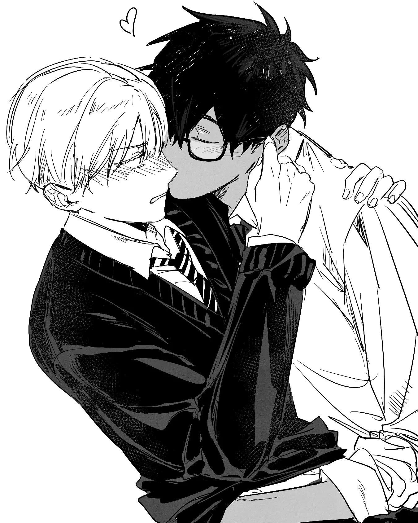 a black and white mangastyle illustration depicts two young men in a tender embrace. the one with shorter, darker hair is wearing glasses and is slightly leaning back, while the one with longer, lighter hair is leaning forward, their faces close together, implying a romantic connection.  their clothing suggests a school uniform style. the overall mood is romantic and intimate, emphasized by the linework and shading. a small heart is visible above the two characters' heads.