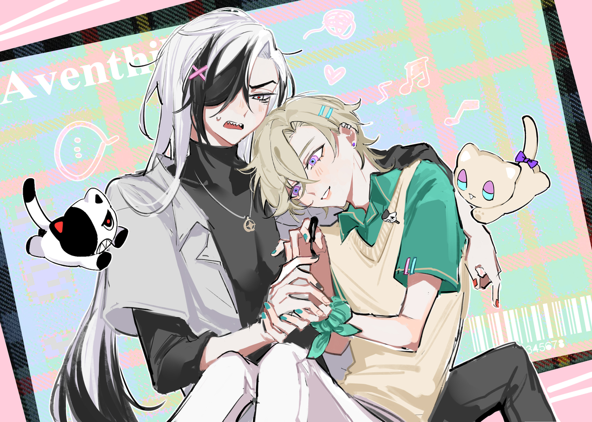 an illustration of two anime boys with pastel colored backgrounds. the boy in black with gray hair is holding the hand of the blond boy, who is wearing a beige sleeveless shirt. the illustration has a cute and happy vibe.