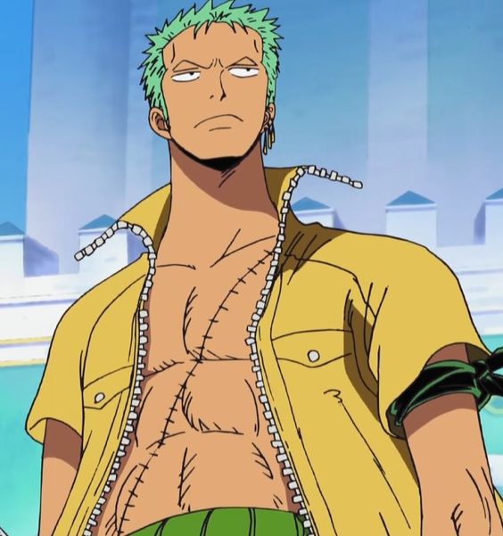 this is an image of the character roronoa zoro from the anime one piece. he is shown from the waist up and is facing the camera. he has short green hair and is wearing a yellow shirt. zoro has a scar across his chest and another one on his left eye. he has a serious expression on his face. the background of the image is a blue sky with white clouds.
