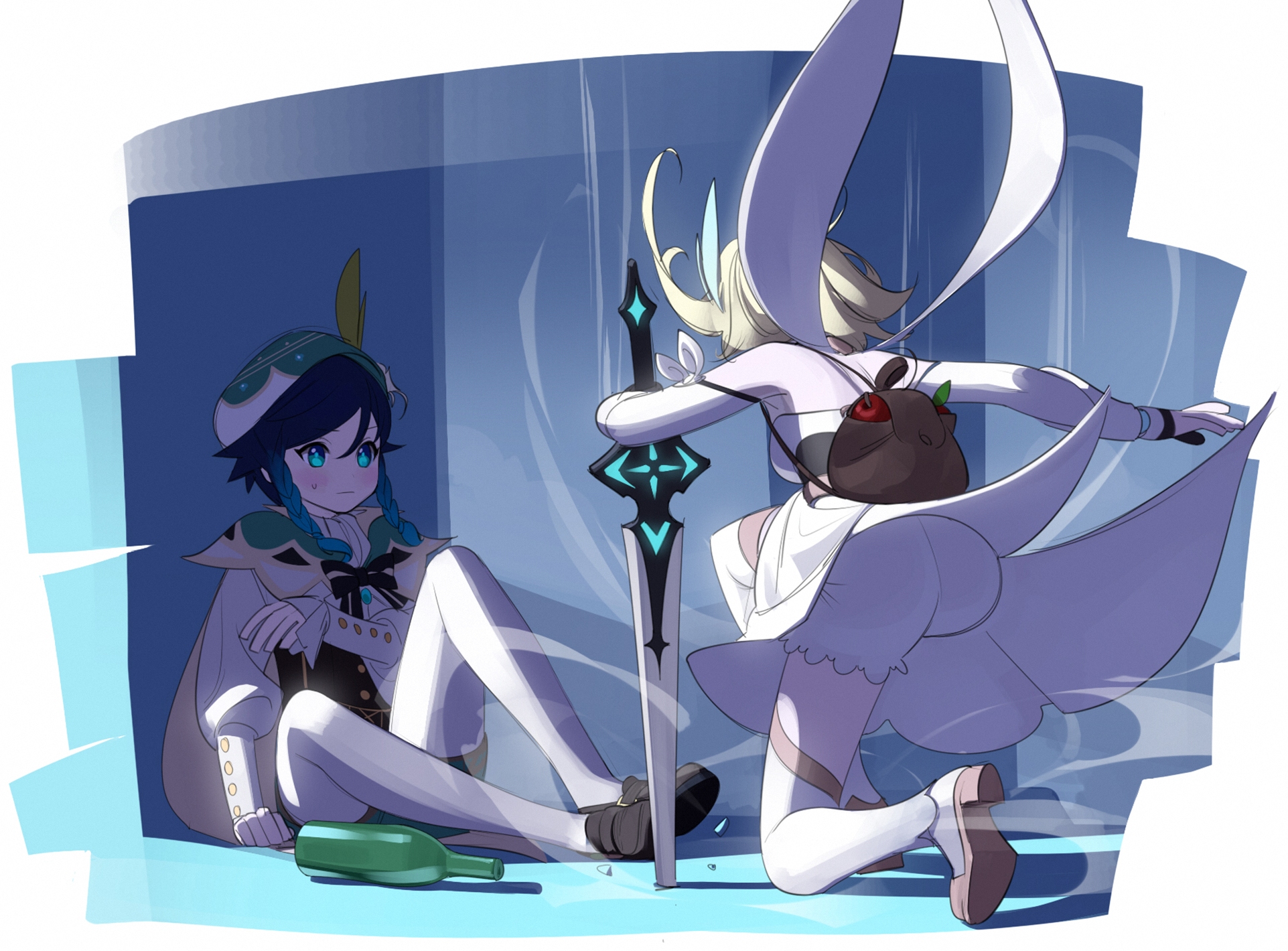 the image features two characters, a young man and a small, winged girl, engaged in what appears to be a playful fight. the male character, with blue hair and a greenandwhite outfit, sits on the ground, leaning back slightly and clutching a bottle. he has a mischievous expression on his face. the female character, dressed in white with a brown bag and white wings, lunges forward dynamically, her back to the viewer. a glowing blue sword stands planted between them, emphasizing the action. the background is a stylized, cooltoned blue with abstract shapes suggesting motion. the overall scene implies a lighthearted moment of playful conflict between the two characters.