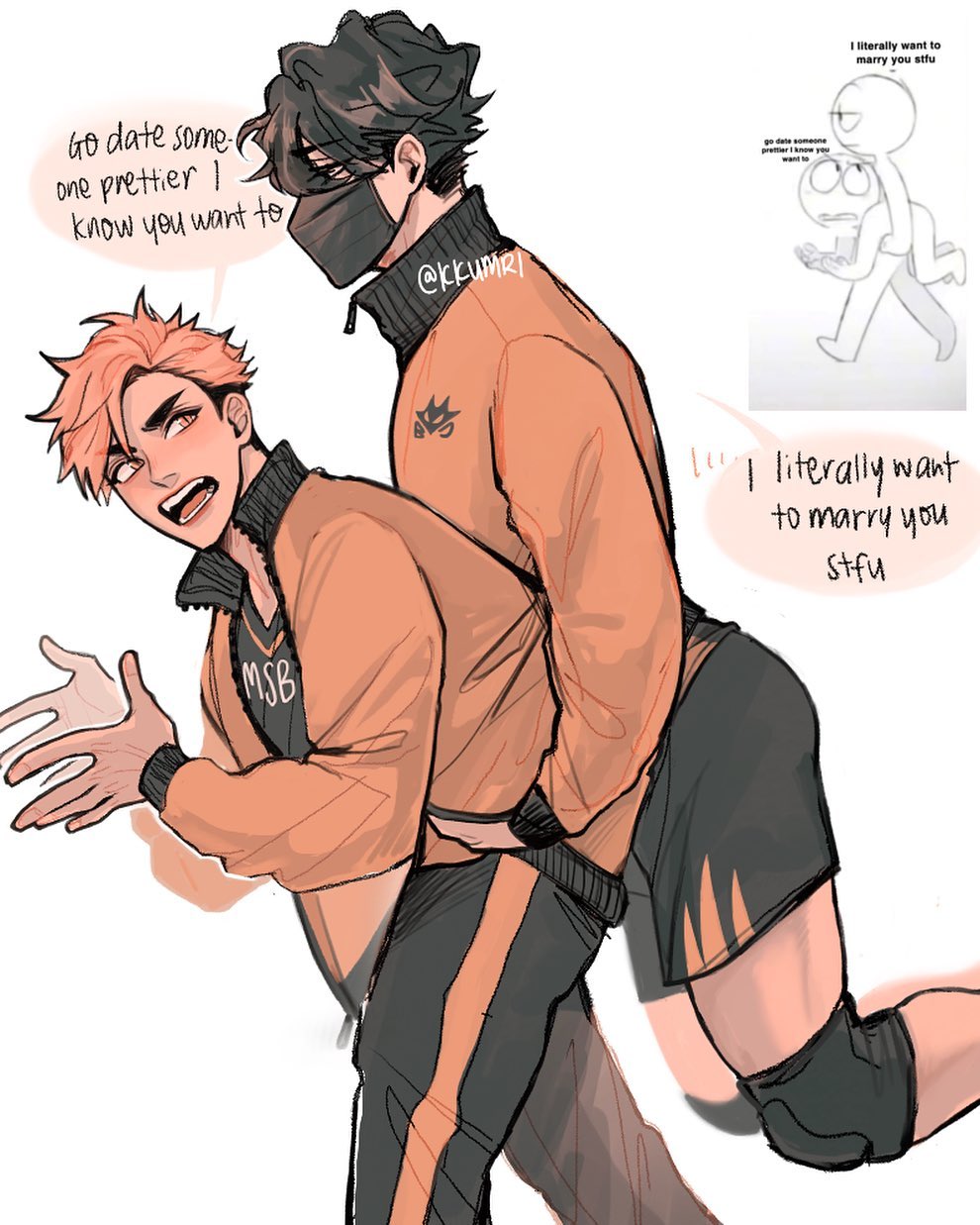 he image is a fanart depicting two animestyle boys in orange and black sportswear, possibly volleyball uniforms.  one boy with orange hair is playfully grabbing the other boy with black hair, who is wearing a mask. there's text in speech bubbles expressing playful teasing and a declaration of wanting to marry the other.  smaller panels in the corners showcase simple line art illustrating the same sentiment, reinforcing the playful and romantic nature of the main illustration. the art style is loose and expressive, with a focus on capturing the characters' emotions and energy.