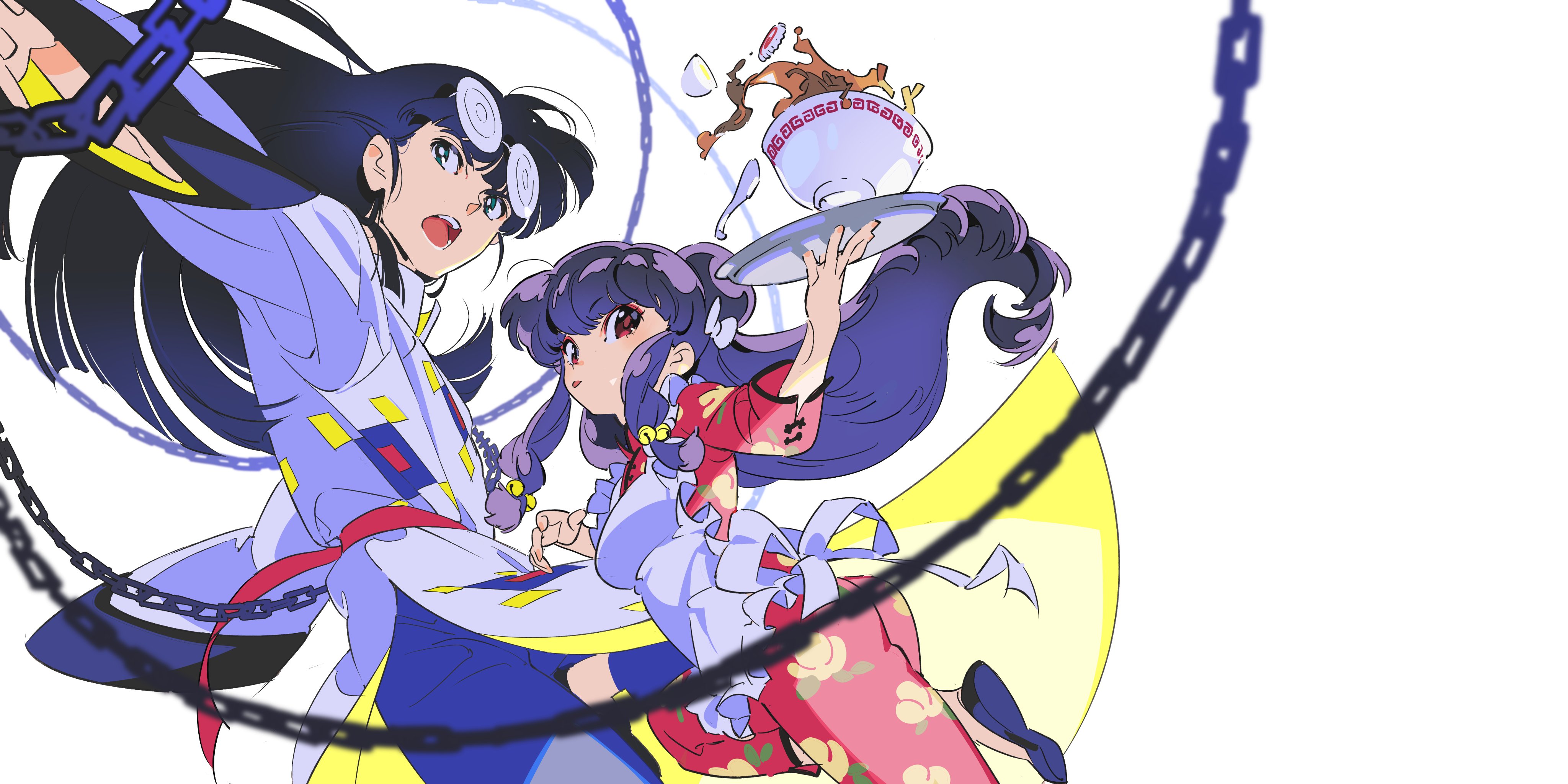 two anime women, one with black hair and blue eyes, and the other with purple hair and red eyes, are seen in this colorful cartoon illustration. the women are positioned in a dynamic pose, with the blackhaired woman holding a chain that connects to the purplehaired woman. they appear to be having fun, with the purplehaired woman holding a large, empty bowl. the background of the illustration is a vibrant yellow and white, with a few lines of blue and purple in the upper left corner. the image is full of energy and movement, creating a fun and vibrant feel.