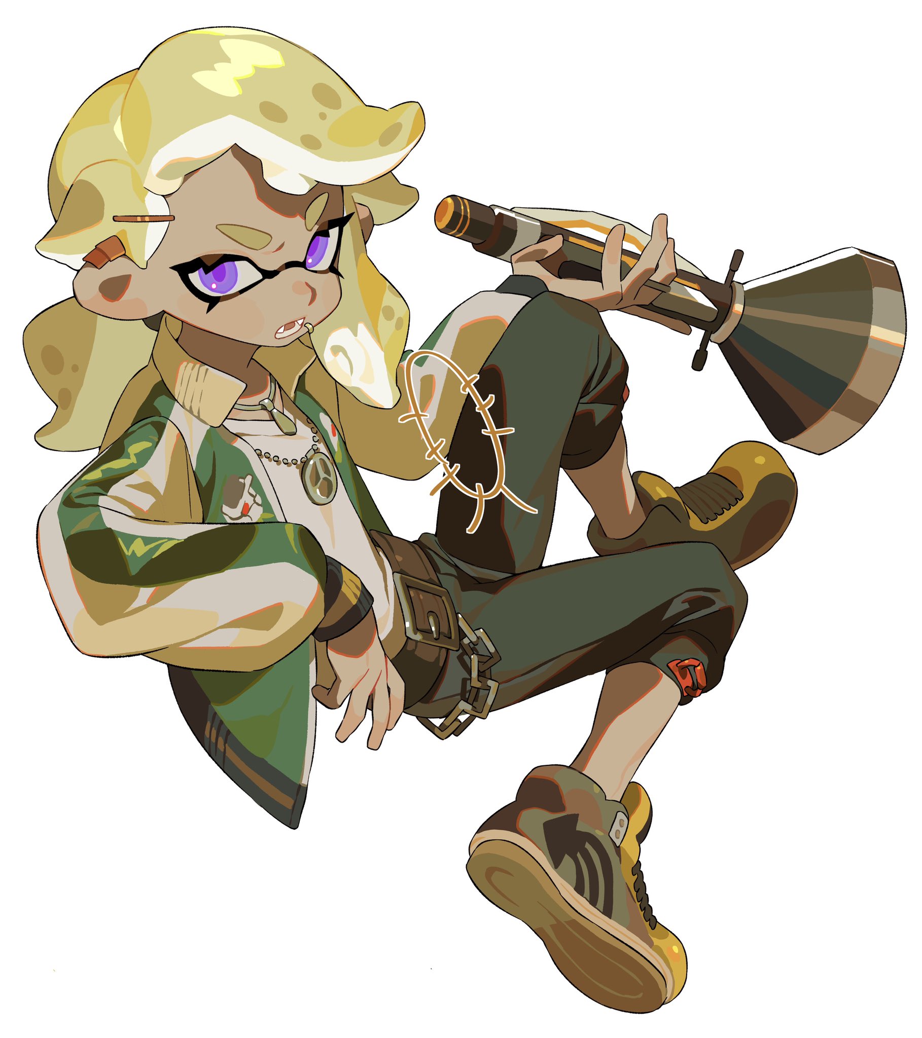 an animestyle drawing of an inkling girl from the splatoon video game series. she has yellow hair and purple eyes, and is wearing a green jacket, pants, and shoes. she is holding an ink launcher weapon. she also wears jewelry and a belt.