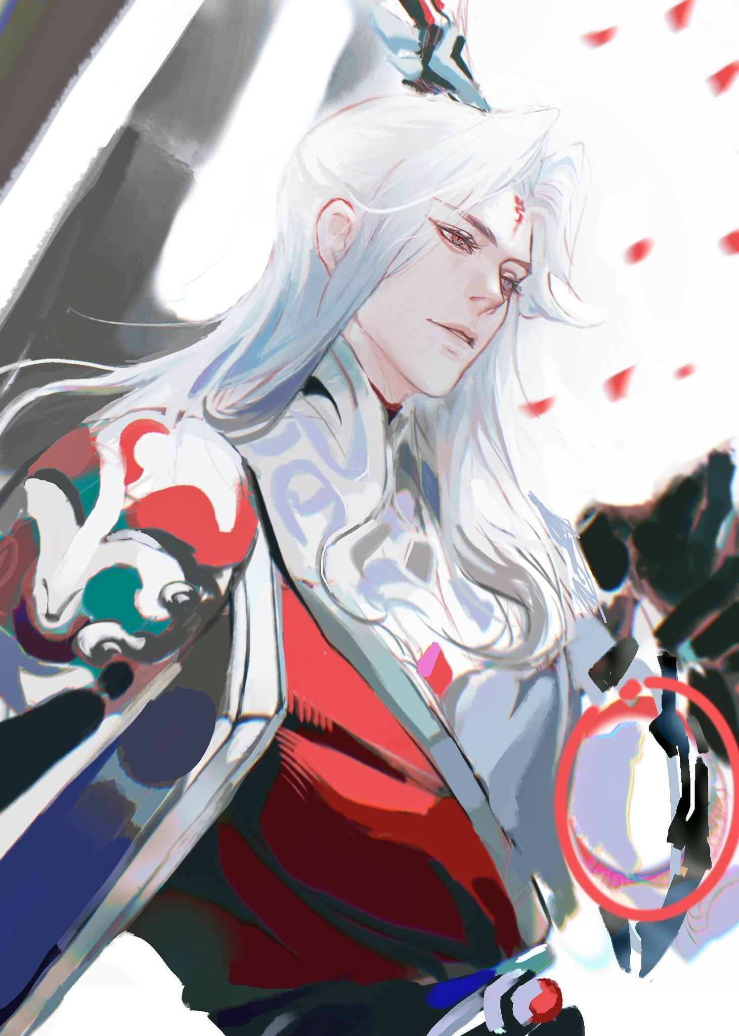 this image shows a handsome anime boy with long, flowing white hair. he has red eyes and is wearing a  red and white  outfit with intricate details and jewelry. the background is white with floating petals. the artwork style is digital painting with a soft and ethereal feel.