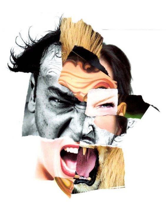 this is a collage artwork featuring multiple faces, each with their own unique expressions. the collage is made of ripped paper and features a man, a woman, a lion, and a variety of other details. the composition is abstract and designed to be unsettling and thoughtprovoking. the use of torn edges and overlapping images creates a sense of chaos and fragmentation. the overall tone of the artwork is one of anger and intensity. the focus is on the faces and their expressions, but the overall composition adds layers of meaning and symbolism.