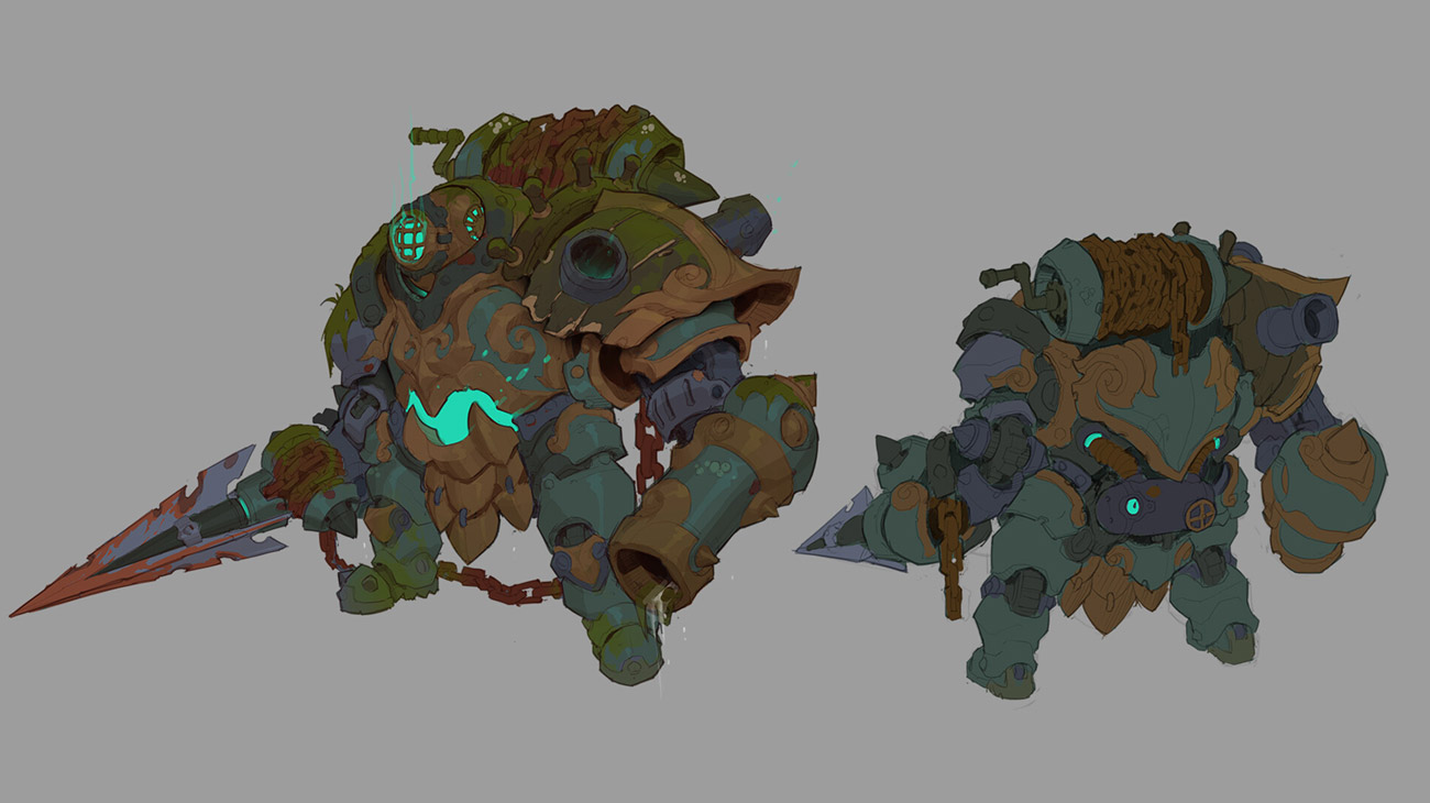 he image contains concept art of two mecha robots.  the larger mecha on the left is taller and wielding a large spear. it has a more detailed design with visible gears and intricate metallic plating, showing signs of weathering and age. its color scheme is primarily brown and green, accented by turquoise glowing details. the smaller mecha on the right is more compact and squat, appearing potentially younger or less worn. it features a coil of rope or cable on its back and carries a smaller weapon.  both mechas share a similar style with swirling patterns on their armor suggesting a stylistic influence possibly from asian aesthetics. they are depicted against a neutral gray background, highlighting the designs. the style suggests a fantasy or steampunk setting.