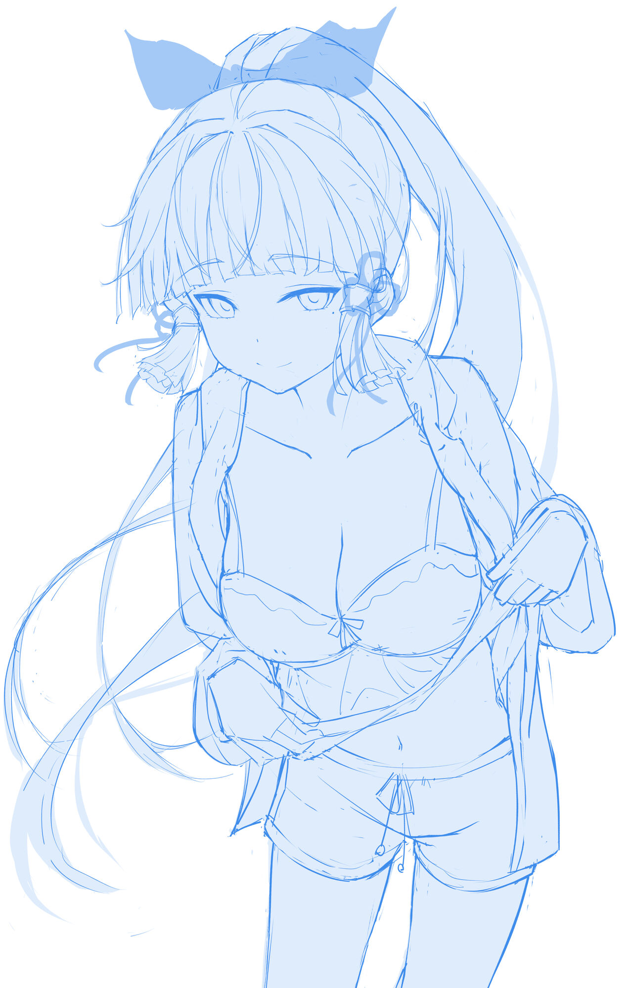 a light blue sketch of an anime girl with long hair in a ponytail, wearing a bow, bra, shorts, and a robe. she appears to be casually taking off or putting on her robe. the style is light and airy, giving a relaxed and youthful feel. the sketch is done in a simple style, emphasizing the character's features and pose.