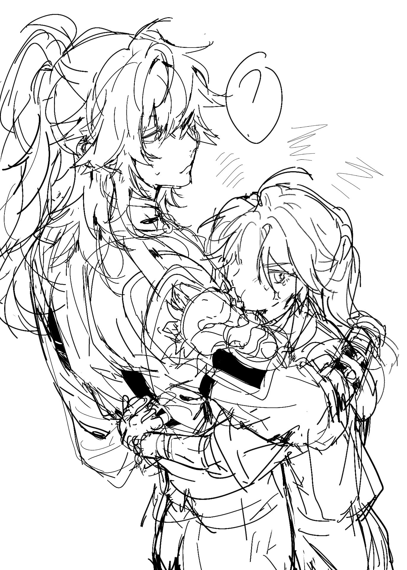 a line art sketch of two anime girls, one with long hair and a confident pose and the other with shorter hair, appearing more delicate, are hugging each other. the sketch captures the dynamic and emotional connection between them, suggesting a heartfelt embrace. the lines are loose and expressive, giving a sense of motion and energy to the image.