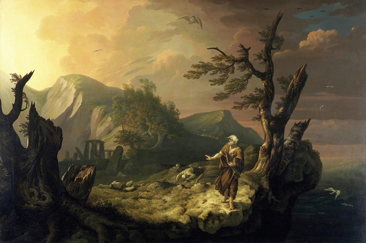 a classical landscape painting depicts a robed man standing on a rocky promontory. he has white hair and a beard and holds a book, gesturing with his other hand. to his right, a gnarled tree stands prominently, while on the left, the skeletal remains of a large tree frame the scene. in the background, rolling hills and a mountain rise under a sky filled with dramatic clouds. the remnants of ancient ruins are visible in the distance. birds fly above.