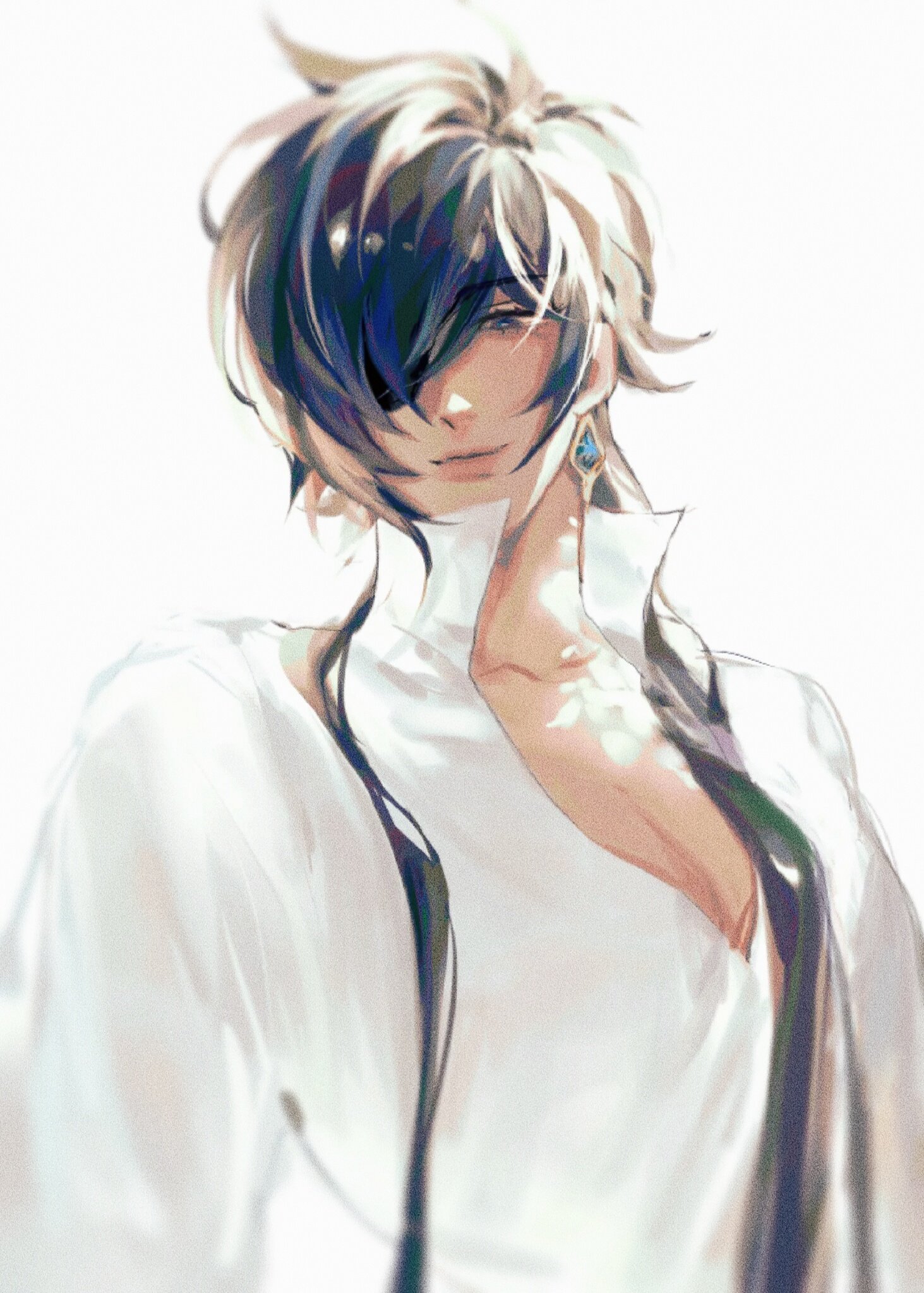 the image showcases a digital painting or illustration of a young animestyle male character. he has long, stylish hair that is predominantly dark bluegray, with lighter strands, partially obscuring his left eye.  his expression is soft and slightly mysterious, his gaze directed slightly off to the viewer’s left. he’s wearing a loosefitting, elegant white shirt or robe, and a dark, possibly black, accessory or strap is draped over his shoulders. a small, lightcolored earring is visible in his right ear. the art style is soft, with delicate shading and subtle light effects that create a dreamy and ethereal atmosphere. the background is plain white, focusing attention solely on the character.