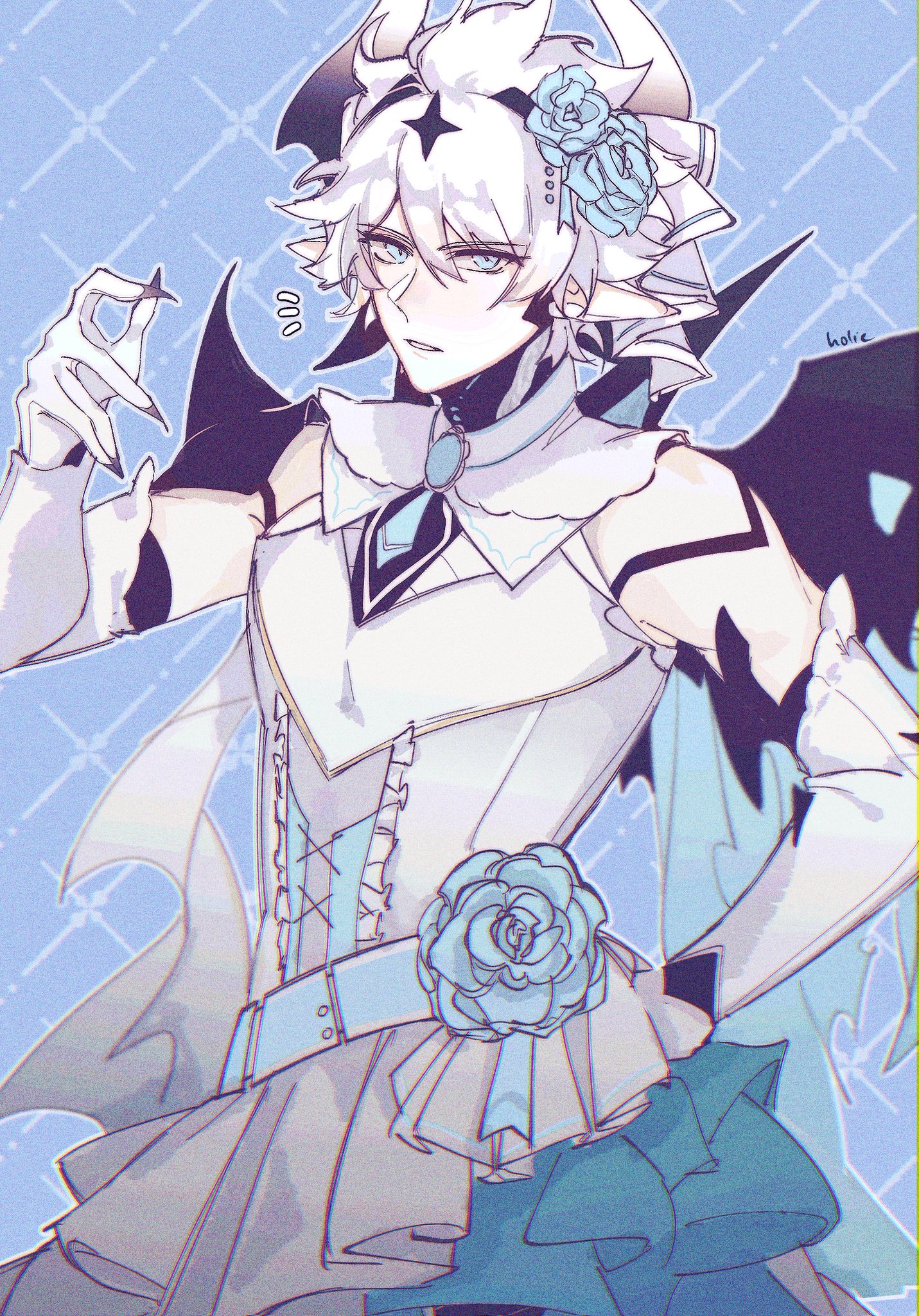 the image is a digital illustration of an anime boy. he has fair skin, white hair, and horns. a blue flower is tucked into his hair near his horns. he has sharp, slender fingernails and is wearing white gloves. the anime boy wears a white outfit with black wings in the back. he is also wearing a choker and is holding something small between his fingers. the background is a light blue patterned wallpaper.