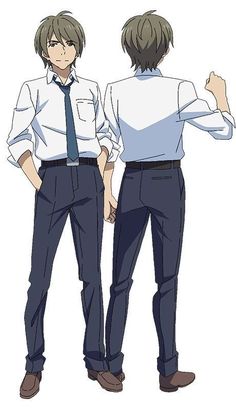 this is an anime character design sheet, depicting a male character in a white buttonup shirt, blue tie, and blue pants. he has short brown hair and a neutral expression. the illustration shows him from the front and back, highlighting his simple yet stylish attire.  it's likely a character reference for animation purposes.