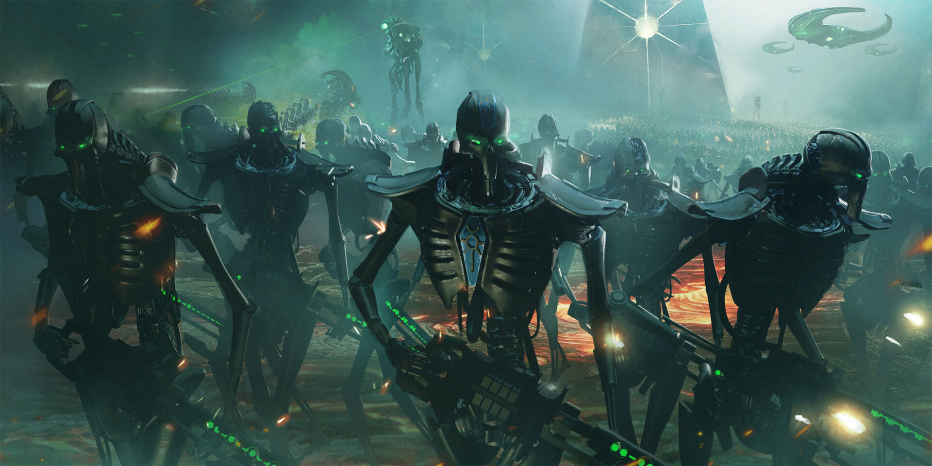 an army of robot soldiers are marching on a battlefield with their weapons at the ready. there are flying vehicles in the background as well. the robots are all black and grey and have a mechanical, skeletal design. there are glowing green lights on their weapons, suggesting that they are prepared for combat. the image is a futuristic scene of war and invasion.