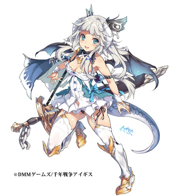 a fullbody illustration of an anime girl with white hair and a white dress. she has dragon wings, horns, and tail. she is wearing thighhigh boots and has a sword attached to her hip. the background is white.