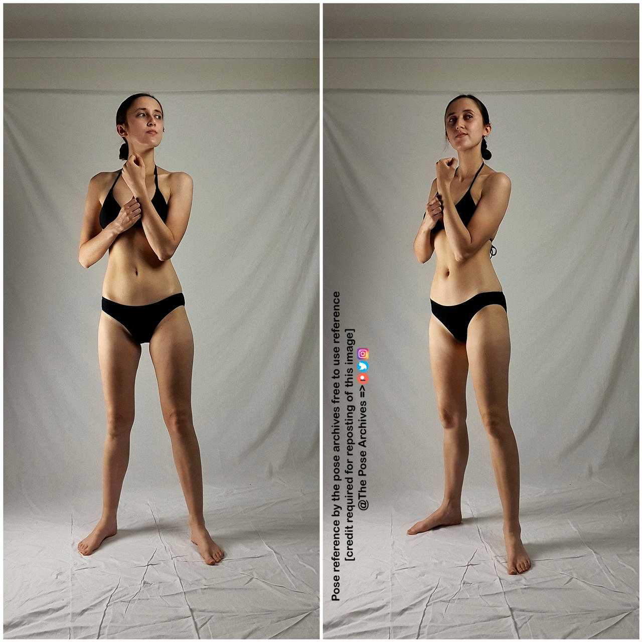 the image features a woman in a black bikini standing in front of a white backdrop. she is positioned slightly differently in each half of the image, showcasing a subtle variation in pose. the lighting is soft and even, highlighting her physique for artistic reference purposes. the image includes a watermark indicating the source and usage rights for the reference photo.