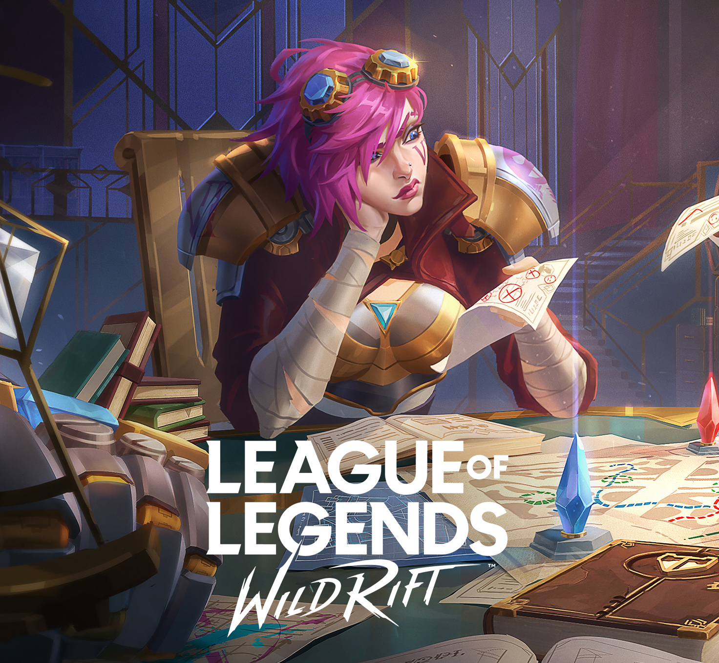 a  league of legends: wild rift promotional image featuring the character jinx sitting at a table with weapons and books and looking over a map.  she has pink hair, goggles, and a steampunkinspired outfit.