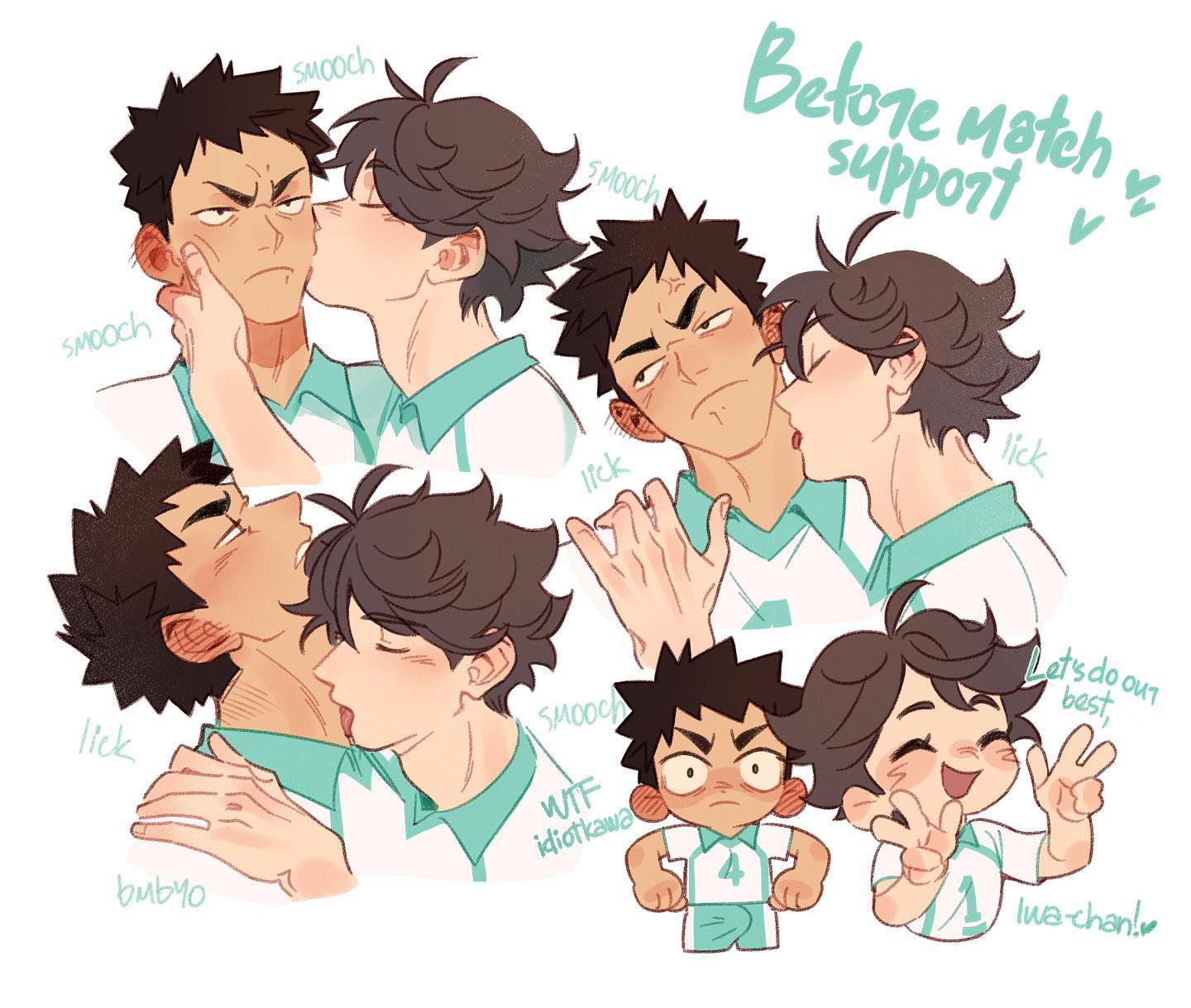 the image is a collection of fan art depicting iwaizumi hajime and oikawa tooru from the anime/manga series haikyuu!!.  multiple panels show the two characters in various affectionate poses, including kissing and playfully interacting.  the art style is soft and slightly cartoonish, with some panels featuring more realistically drawn characters and others showcasing chibistyle versions.  text bubbles throughout the image include words like "smooch," "lick," and "before match support," highlighting the playful and romantic nature of the fan art.  the overall tone is lighthearted and suggestive of a close relationship between the two characters.