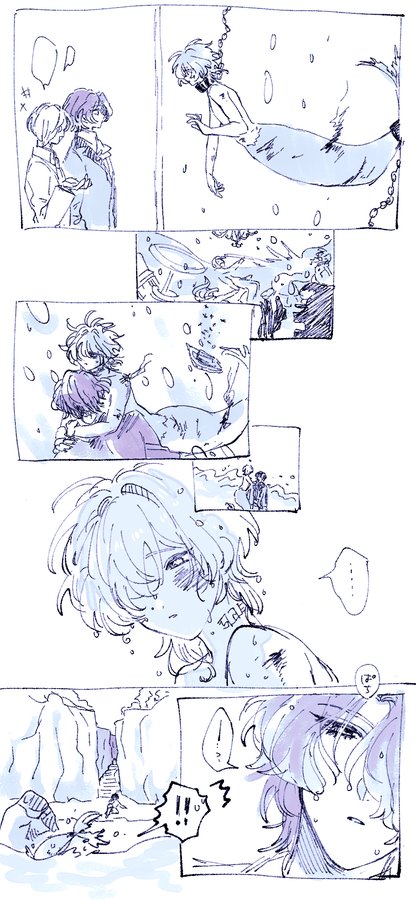 he image is a mangastyle comic strip depicting a series of scenes.  it features several characters, primarily female, with one character appearing to be a mermaid. the art style is loose and expressive, with thin lines and light blue and purple tones.  the story appears to involve emotional interaction between the characters, with hints of sadness and romance present.  the panels tell a visual narrative, though the exact plot is unclear without further context. the characters have unique hairstyles and some exhibit visible distress or sadness. the overall mood is somewhat melancholic and mysterious.