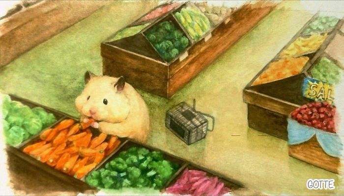a watercolor painting of a hamster in a grocery store. the hamster is sitting in front of a crate of carrots and appears to be eating one. there are other crates of produce, including broccoli, lettuce, and berries, surrounding the hamster. a miniature shopping cart is on the floor near the hamster.