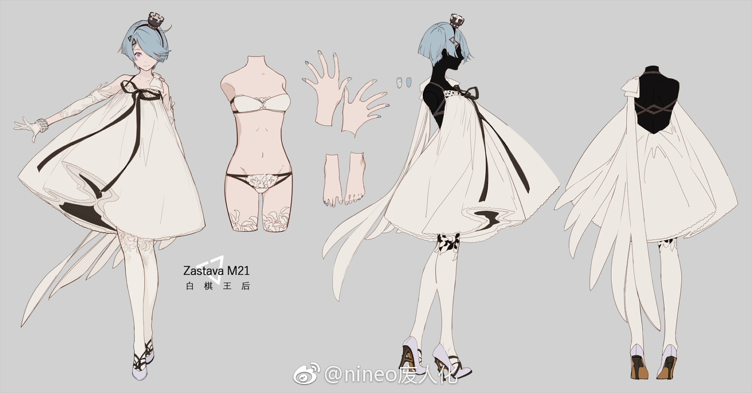 a white dress with black accents. it has a small, poofy skirt and a long train that trails behind. there are wings and lace accents. the dress is paired with white stockings and shoes. there are also various accessories such as gloves, a headpiece, and a bra and panty set. the character has short blue hair and black eyes.  the character appears to be in a fantasy setting.  the illustration is a design for an anime character's costume.