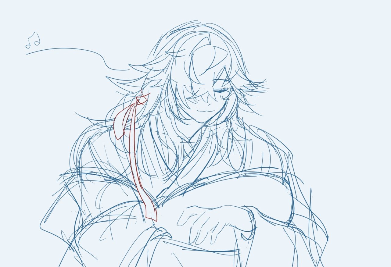 a simple sketch of an anime girl with long blue hair and a red ribbon. she is asleep, dreaming of music notes floating above her head. the image has a soft and dreamy feel, capturing a moment of peaceful slumber.  the sketchy lines and pale blue background emphasize the ethereal nature of the scene.