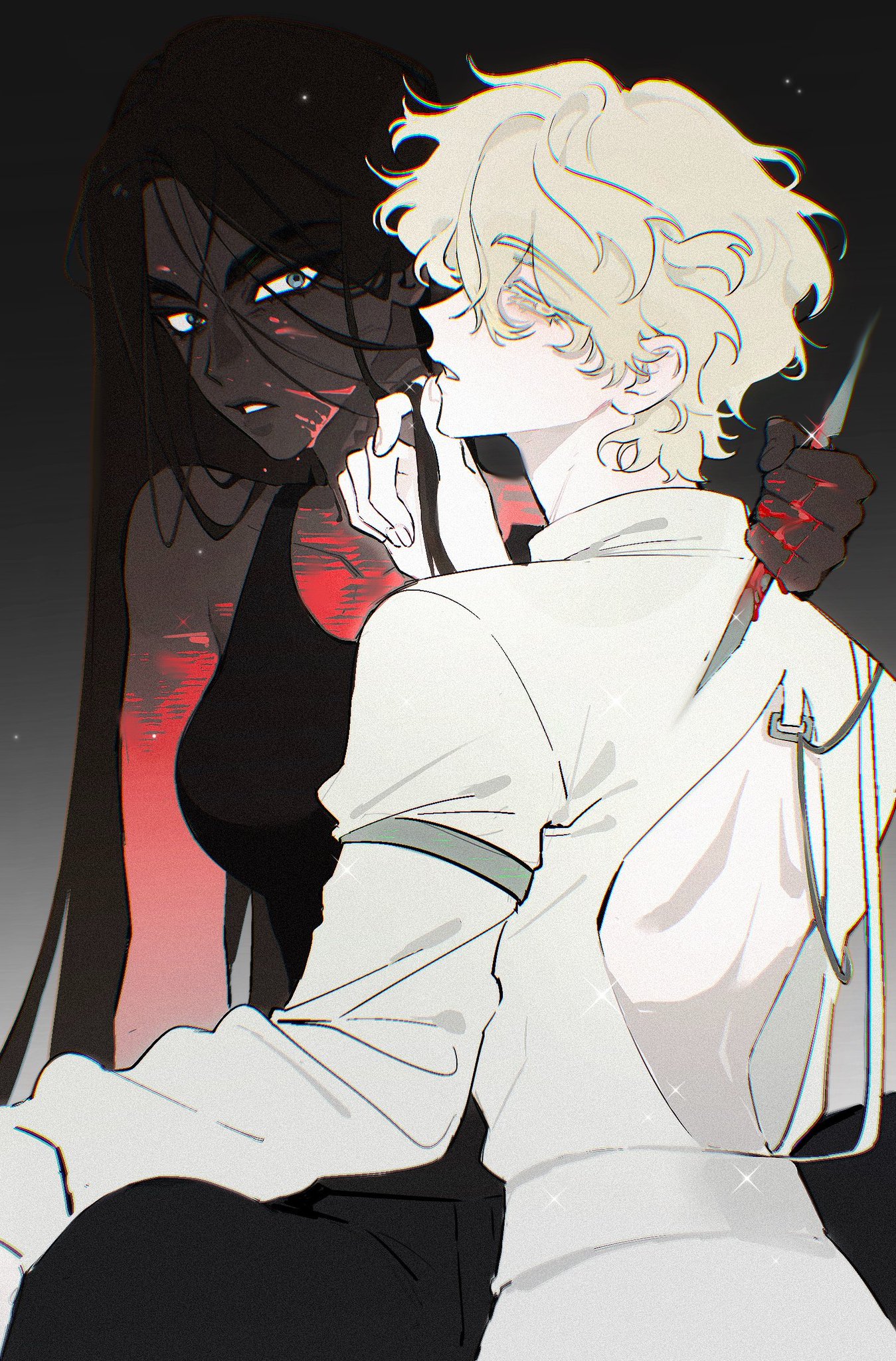 the image is a digital drawing of a darkhaired girl with red markings on her face holding a knife to the back of a blondhaired boy.  the girl is wearing a black tank top and the boy is wearing a white shirt.  the background is dark with a few sparkles. the image