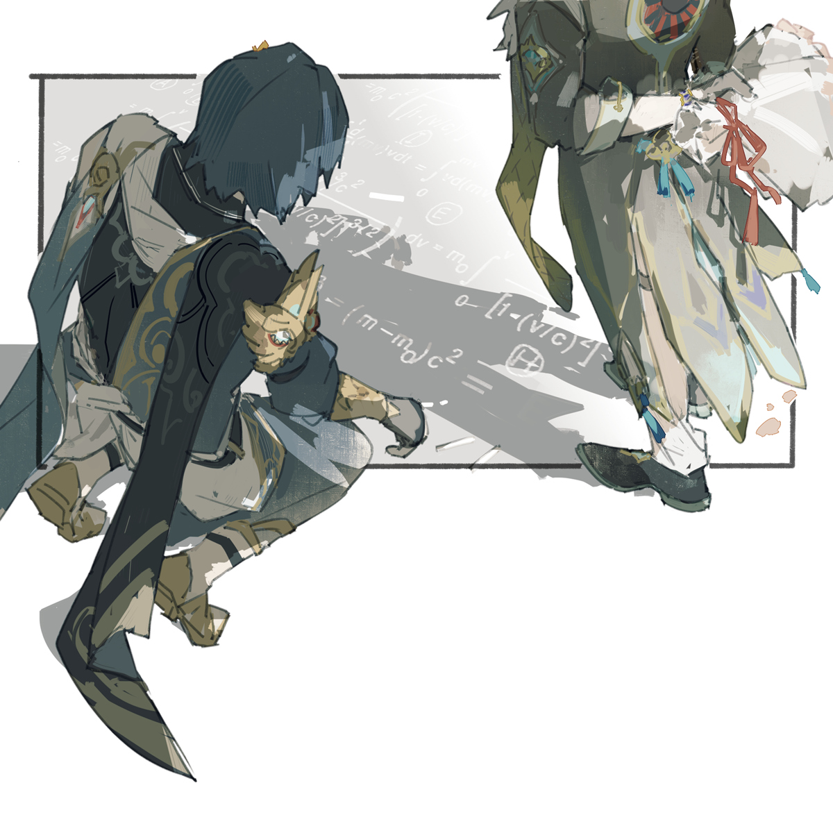 the image shows two anime characters, one male and one female, standing in front of a chalkboard with physics equations written on it. they are both casually dressed and the image is drawn in a colorful digital art style. the female is on the right side of the image, and she is looking at the male who is on the left side of the image, and he is writing an equation on the board.  the image is set in a classroom environment, and it is possible that the characters are either friends or partners studying together.  the image is cute and casual, and it is likely to appeal to fans of anime and digital art.