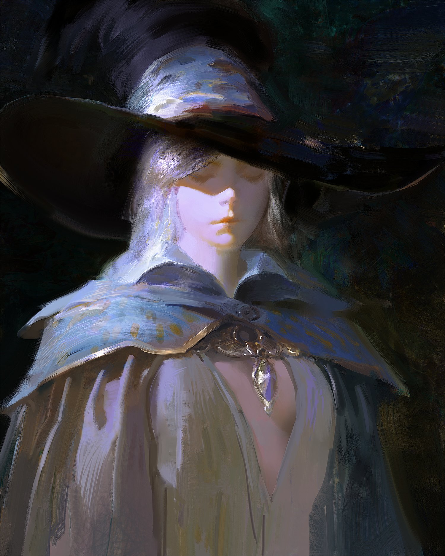 a digital painting of a woman in a fantasy setting. she has long silver hair and is wearing a black hat with a wide brim, a flowing blue and gold cloak, and a jeweled necklace. she has a mysterious expression and seems to be looking down. the painting is done in a dark and shadowy style.