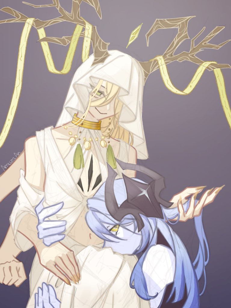 an animestyle digital illustration depicts two figures. one is a fairskinned male with blonde hair, wearing a white robe and headdress. he is adorned with gold jewelry. the other figure has blue skin and horns. the blonde male is holding the blueskinned character in an affectionate embrace. the overall tone suggests comfort and fantasy.