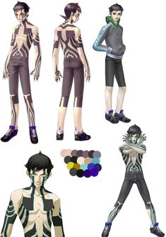 this image is a collection of concept art for a male video game character. it features different poses and outfits for the character, all showcasing his distinctive black and white tattoos. a color palette with various shades is included in the image, providing insights into the character's design and potential color schemes.