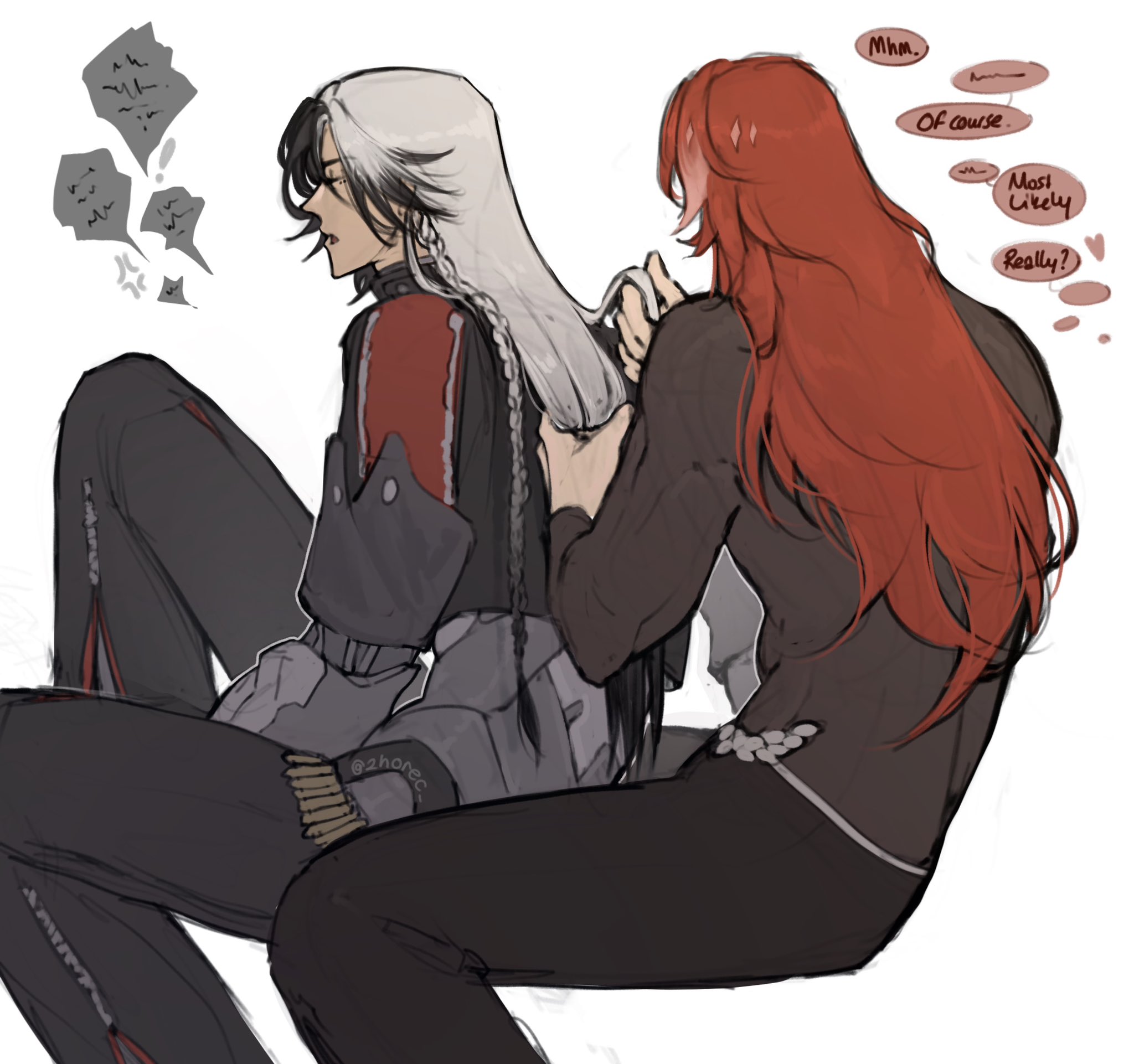 the image is a digital fanart depicting two animestyle characters.  a person with long white hair, wearing dark clothing with red accents, is seated and having their hair braided by a person with long, flowing red hair.  the redhaired person is seated behind the whitehaired person. the art style is soft, with muted grayscale colors. speech bubbles indicate a conversation between the characters, suggesting a close relationship or affection. the focus is on the intimate act of braiding the hair and the overall mood is gentle and affectionate.  the details of clothing are clearly visible.