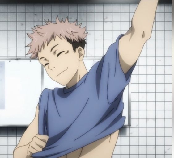 the image showcases a young, animestyle male with short, spiky pink hair and a joyful expression. he's in the middle of removing a blue tshirt, revealing his bare torso. the setting appears to be a bathroom or changing room, suggested by the white tiled walls in the background. the lighting is soft and natural, likely emanating from a window or overhead light source. the perspective offers a frontal view, creating a sense of intimacy and connection with the character.
