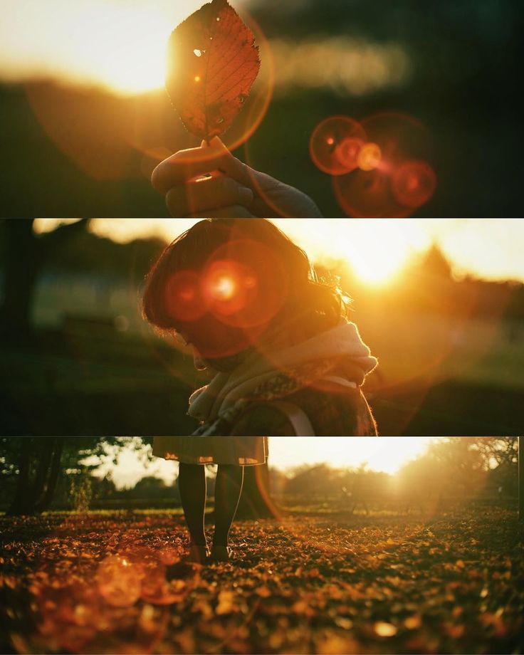 the image is a triptych, a threepanel photograph, depicting a woman in various stages of interaction with autumn.  the top panel shows a hand holding a single, translucent autumn leaf backlit by the setting sun, creating a strong lens flare effect.  the middle panel shows the same woman, seemingly wrapped in a scarf, her face partially obscured by the bright sunlight and lens flare. she appears contemplative. the bottom panel offers a groundlevel view of the woman standing amidst a carpet of fallen autumn leaves as the sun sets behind her, again showcasing a warm, golden light. the overall aesthetic is warm, evocative, and slightly melancholic, using the golden hour light and the autumnal setting to create a mood of reflection. the use of lens flares adds to the dreamy, almost ethereal, quality of the image.