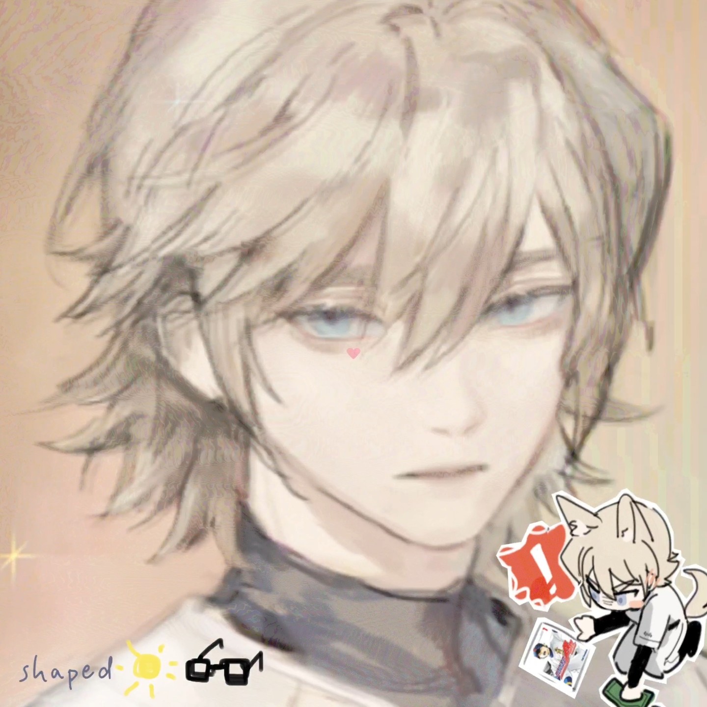 the image is a stylized digital drawing or fanart featuring a young animestyle boy with pale skin, long light blonde hair that partly obscures his eyes, and light blue eyes. he has a soft, gentle expression.  the art style is soft and pasteltoned, with a slightly blurred or dreamy quality.  a small chibistyle character in a baseball uniform is shown interacting with the main character, along with added elements like stickers of sunglasses, a sun, and a heart. the overall aesthetic is cute and aesthetically pleasing. the background is a muted beige or peach color.