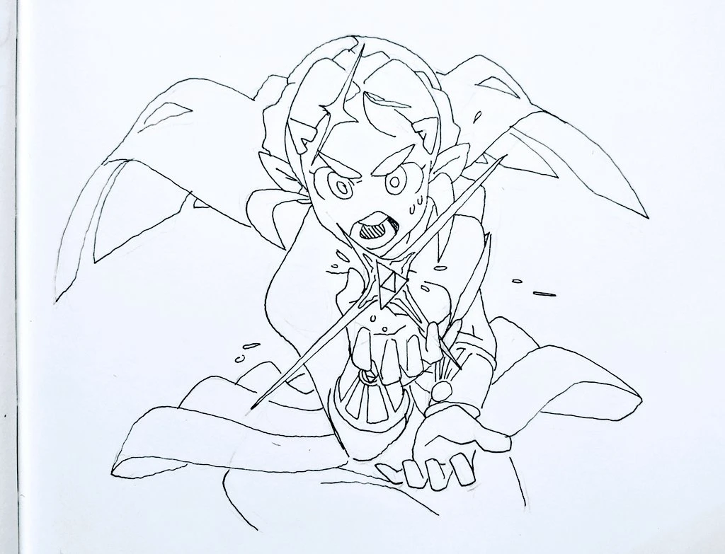 this is a black and white drawing of a fiercelooking anime girl with a sword. she has a determined expression on her face and is holding the sword in a fighting pose. the image is drawn in a dynamic and expressive style, conveying the girl's intensity and power.  she is about to strike with a sword. she is wearing a long flowing cape or dress that is billowing in the wind, and her hair is blowing in the wind as well. the drawing is done in ink, with a lot of detail in the lines and shading. the girl is drawn in a realistic style, with a lot of detail in her face and body. the image is set against a white background, which makes the girl stand out.  the image shows a character who is ready to fight with determination.